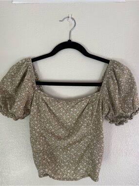 Abercrombie & Fitch Olive Floral Puff-Sleeve Square Neck Top Size S
